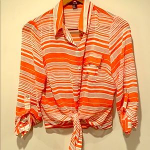 Stripped, button up, tie blouse